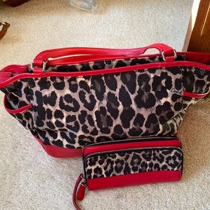 Coach Gray & Black Leopard with red trim purse and matching wallet.